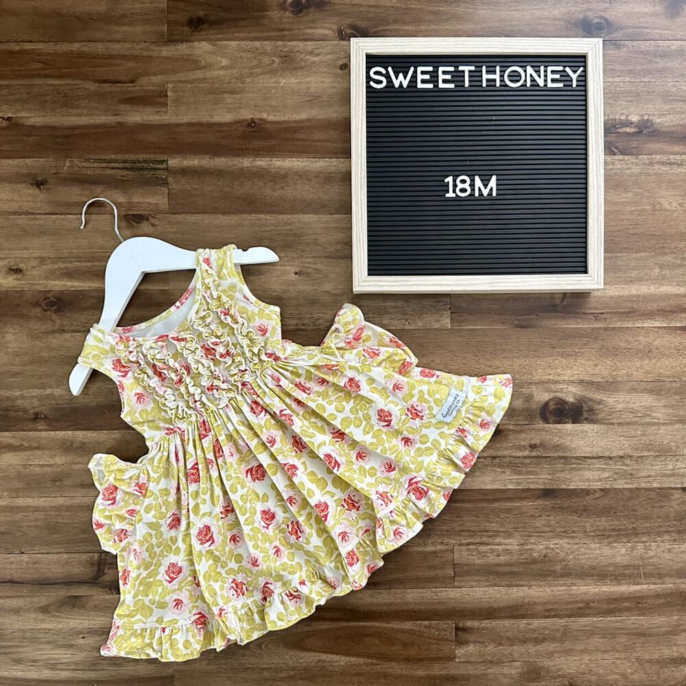 SweetHoney Citrus Floral Knit Sleeveless Ruffles Dress Yellow Red Pockets 18M